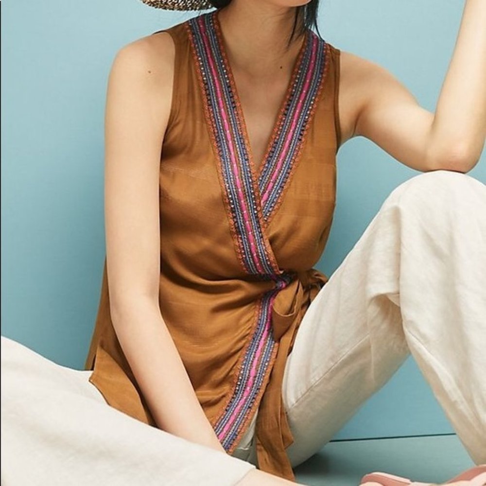 MAEVE by Anthropologie Brown Embroidered Wrap Top - Picture 2 of 7